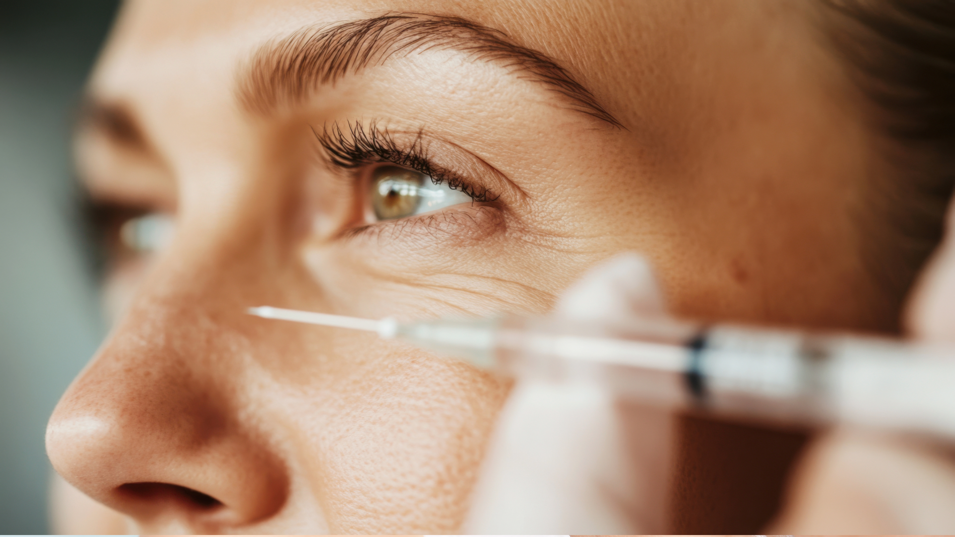 Unbenannt-1-16 - Dr. Pumberger Close-up of a person's face during a cosmetic injection near the cheek/under-eye area, syringe near the skin.