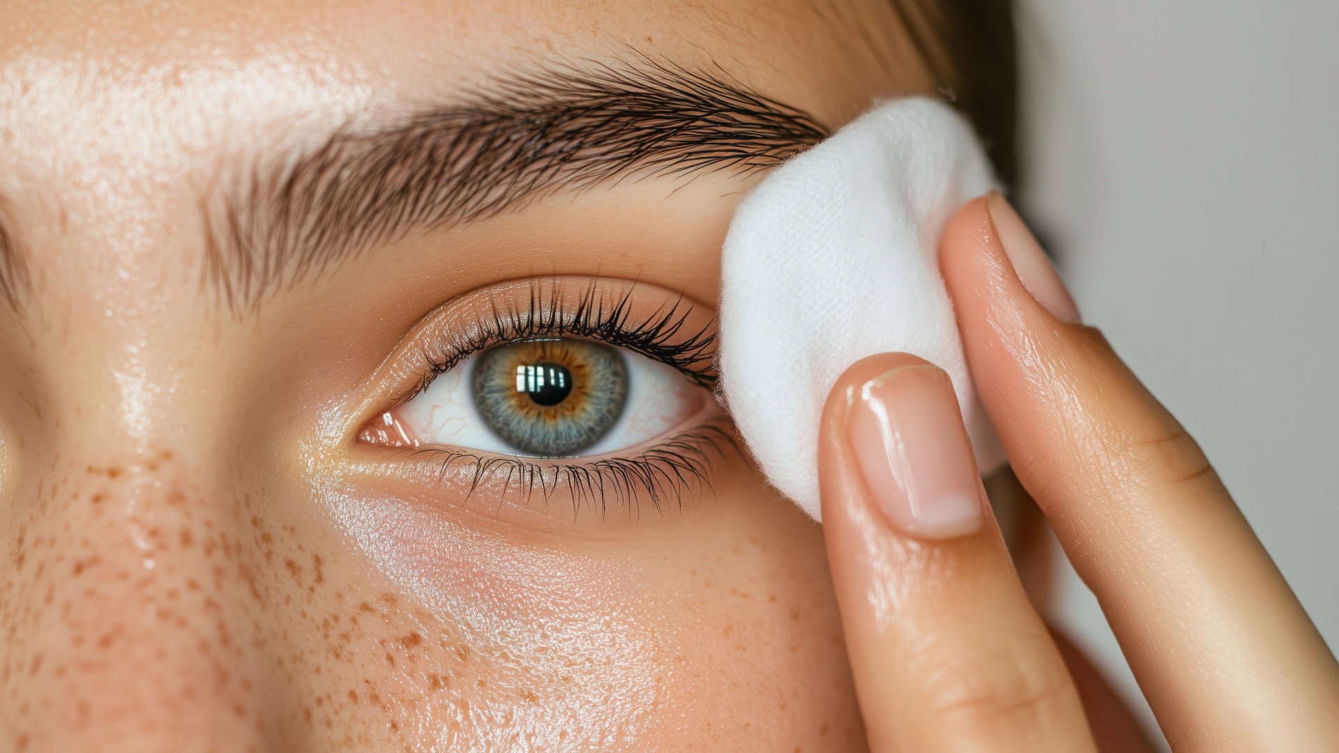 Close-up of a blue-green eye being wiped with a white cotton pad to remove makeup, showing skin with freckles and wet sheen.