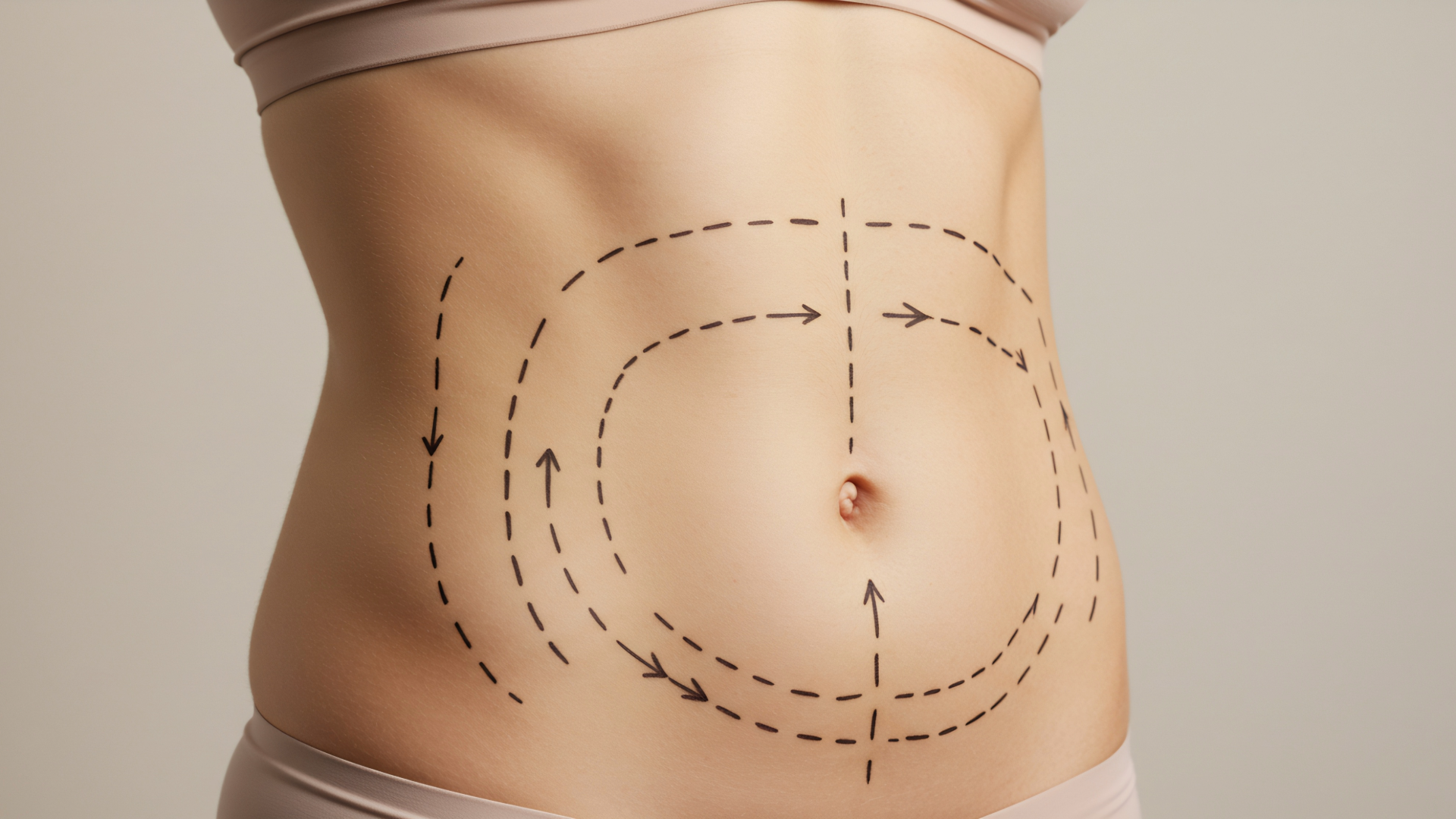 Abdomen with dashed surgical markings and arrows indicating planned liposuction areas.