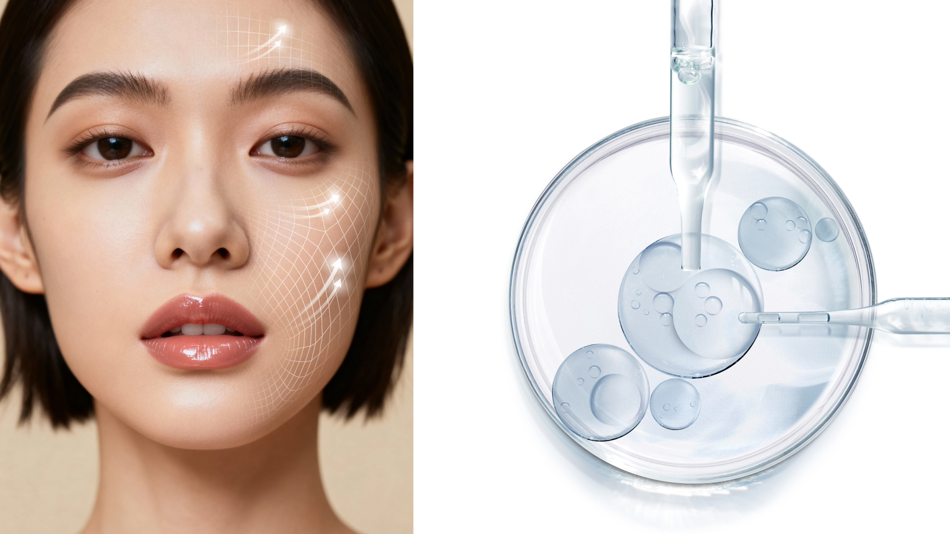 Split image: left side shows a woman's face with a white digital skin grid on her cheek; right side shows a laboratory petri dish with a dropper and serum bubbles, illustrating skincare science.