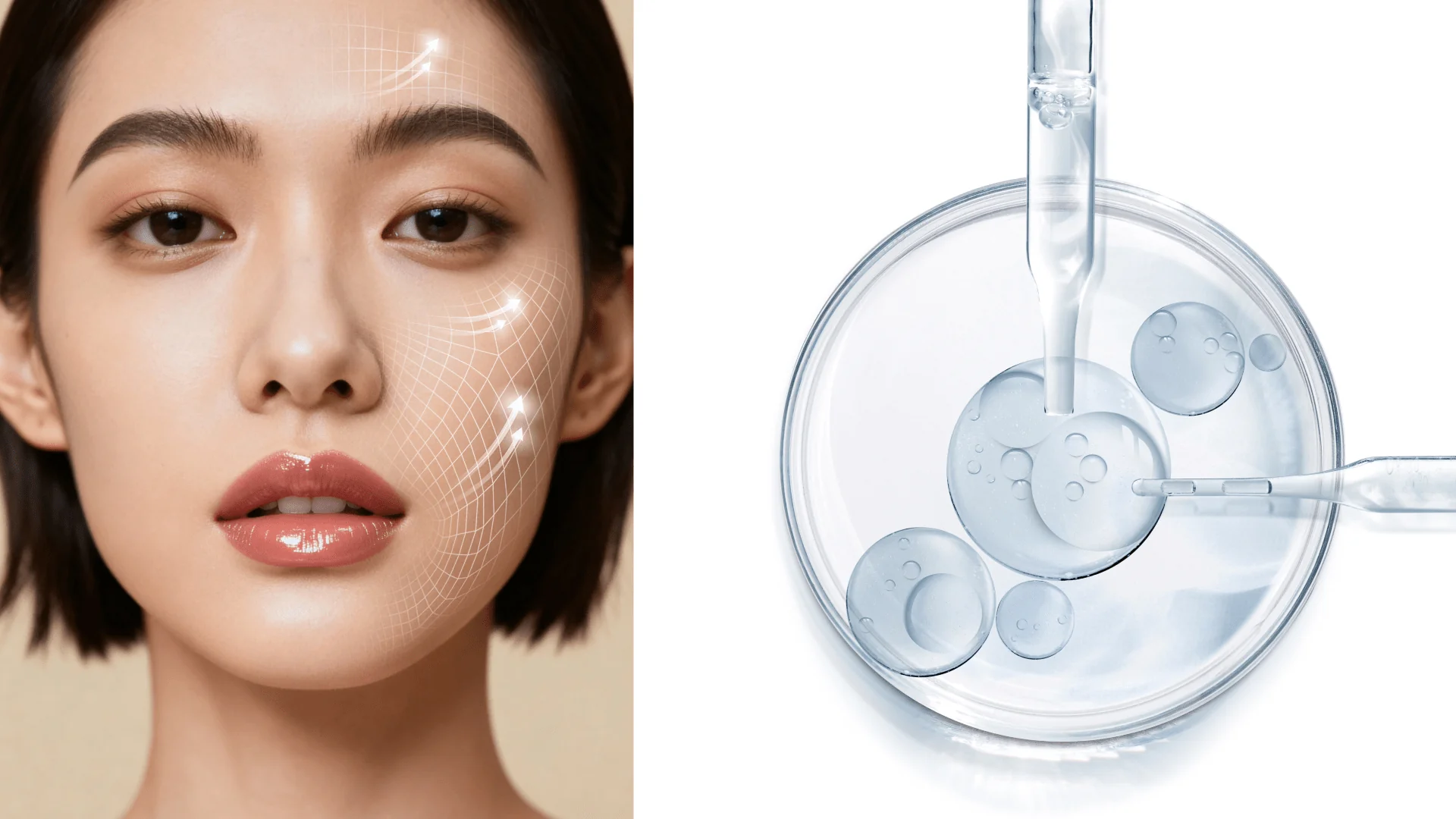 Unbenannt-1-27 - Dr. Pumberger Split image: left side shows a woman's face with a white digital skin grid on her cheek; right side shows a laboratory petri dish with a dropper and serum bubbles, illustrating skincare science.