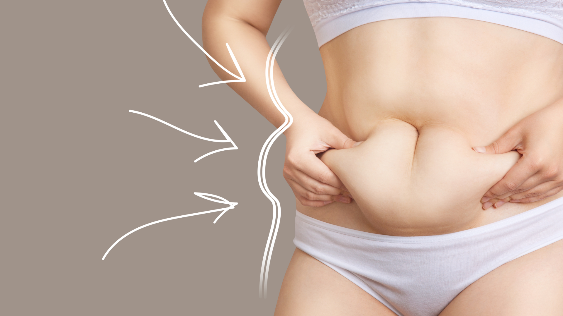 Unbenannt - 14 März 2026 um 115707-1-3 - Dr. Pumberger Person pinching belly fat to highlight excess abdominal fat against a beige backdrop with white arrow doodles on the left.