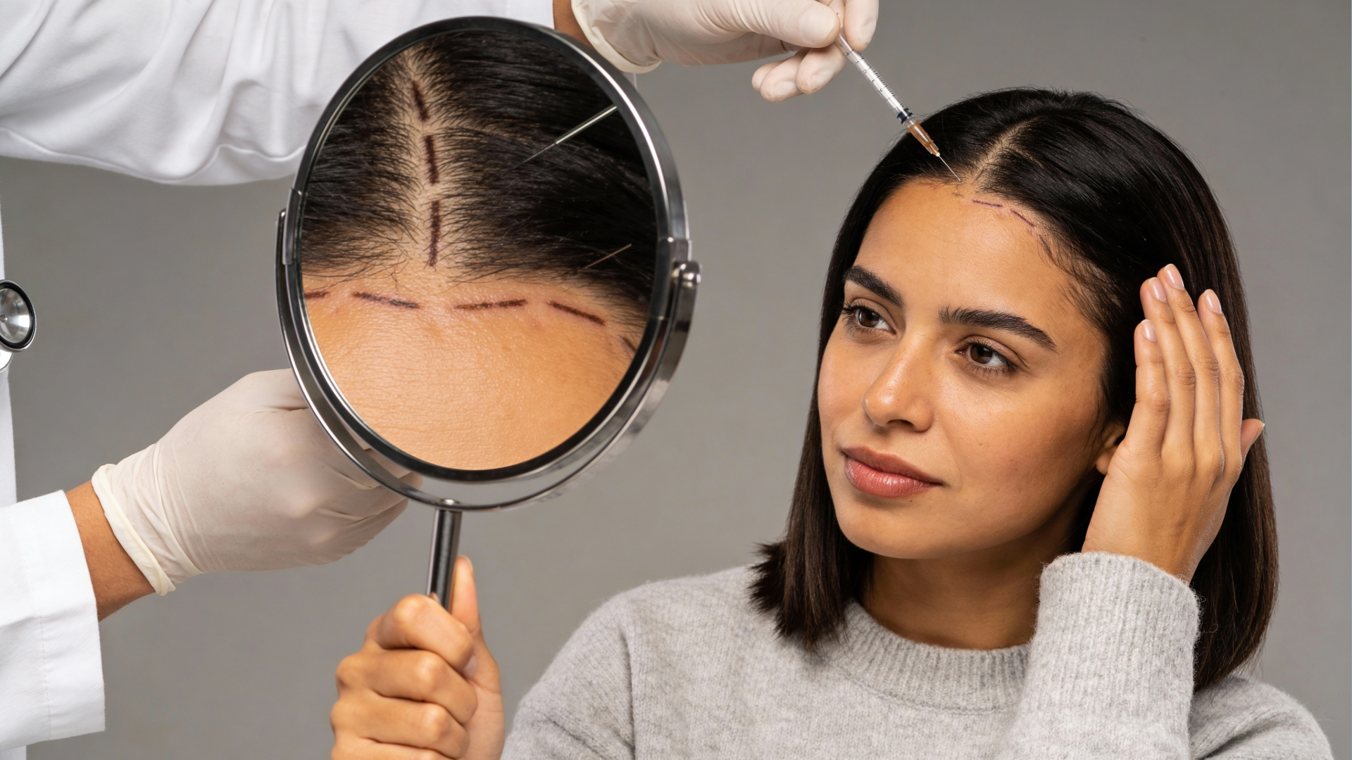Woman receiving a hair transplant; a clinician injects the scalp near the hairline, reflected in a mirror during the procedure.