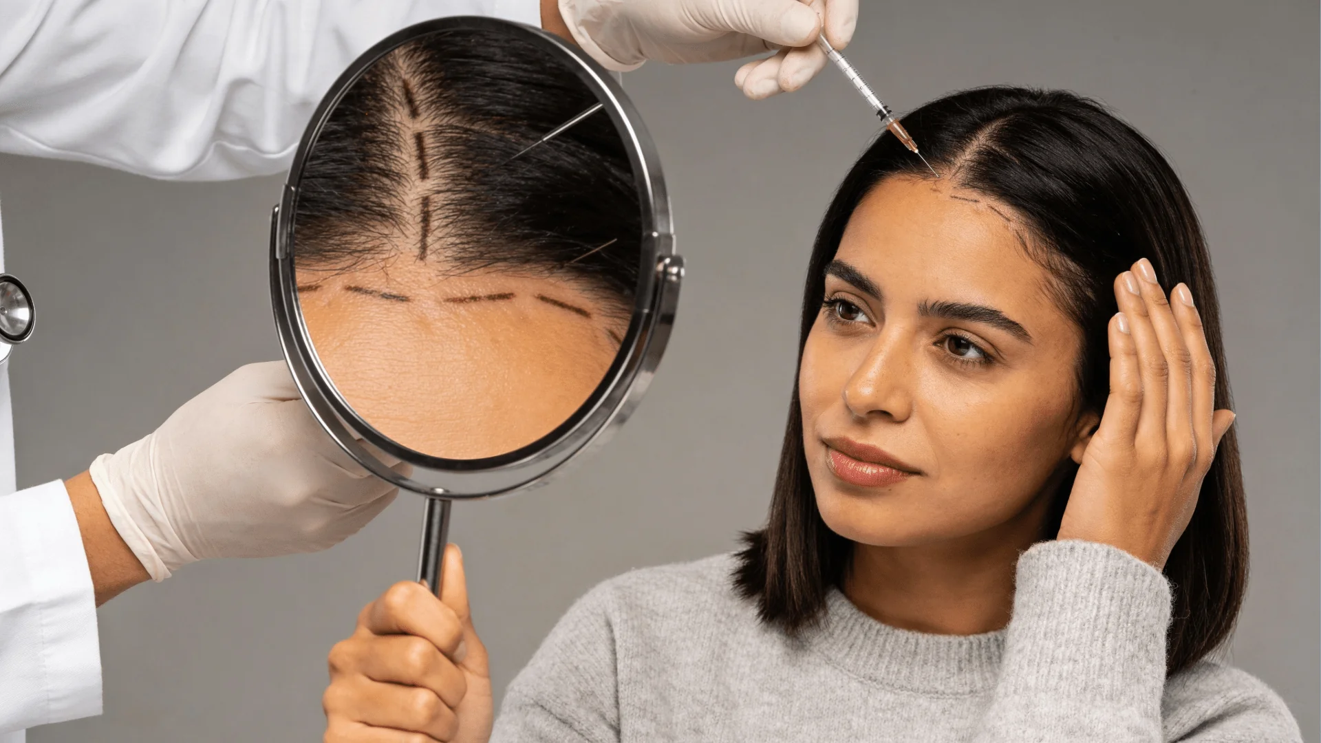 Unbenannt - 14 März 2026 um 115707-1-6 - Dr. Pumberger Woman receiving a hair transplant; a clinician injects the scalp near the hairline, reflected in a mirror during the procedure.