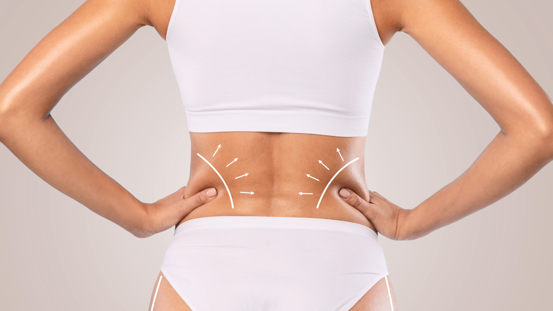 Unbenannt - 14 März 2026 um 115707-1-8 - Dr. Pumberger Back view of a woman wearing a white sports bra and underwear, with white curved lines and arrows highlighting the waist contour on her midsection.