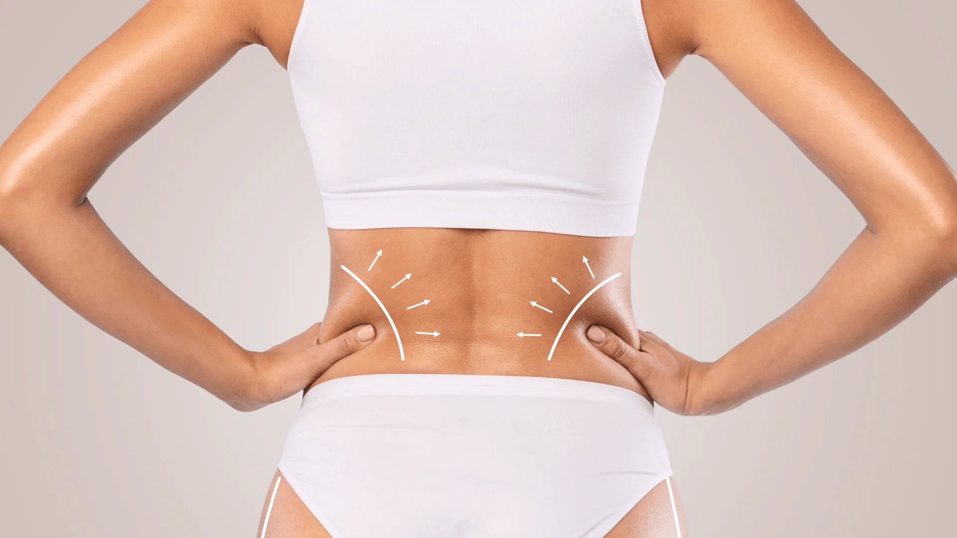 Back view of a woman wearing a white sports bra and underwear, with white curved lines and arrows highlighting the waist contour on her midsection.