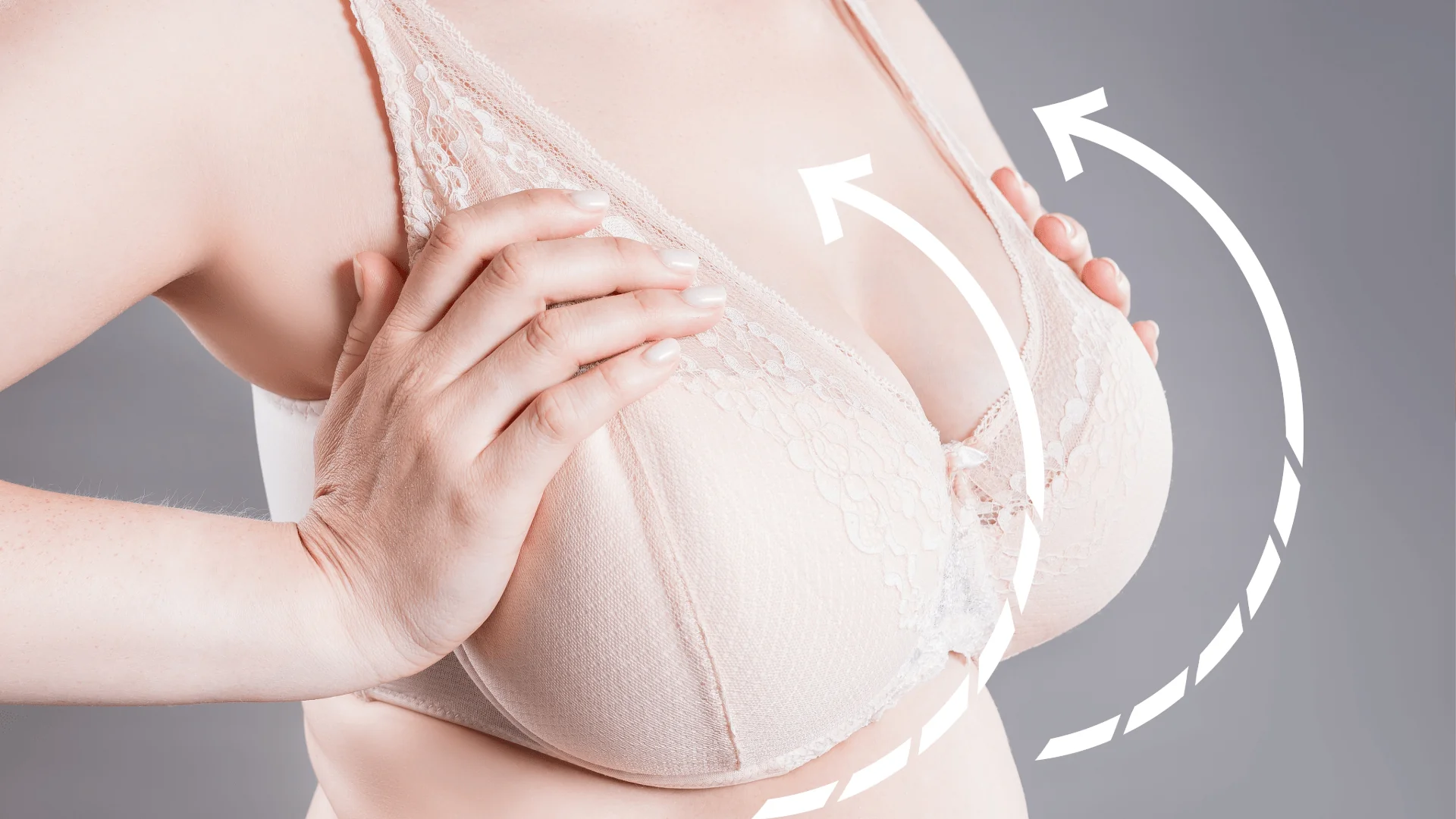 Close-up of a woman adjusting a beige lace bra, showing the fit and support of the undergarment, with a white graphic arc overlay in the background.