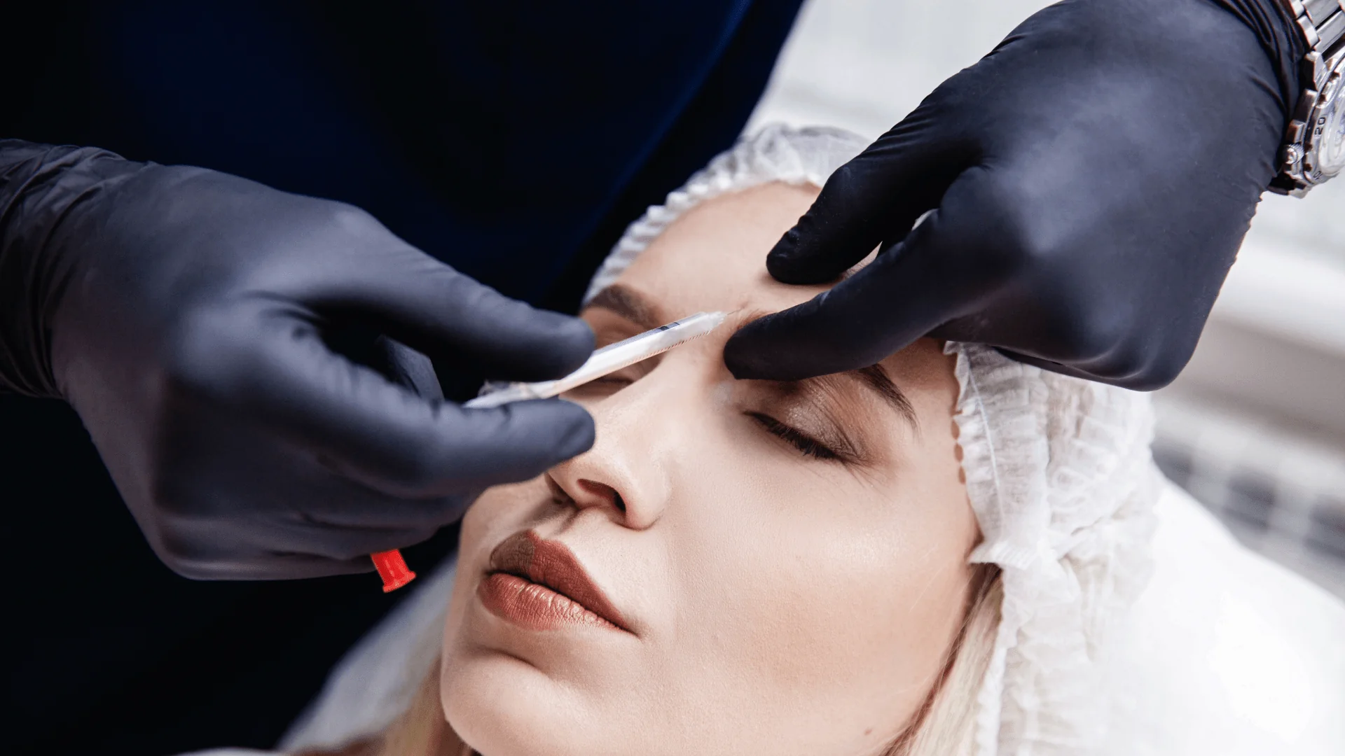 Close-up of a medical professional giving an eye-area injection to a woman with eyes closed.